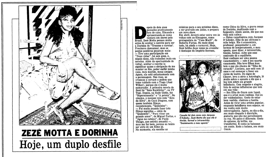 Zezé Motta em reportagem do Jornal O Globo de 1984 | Foto: O Globo